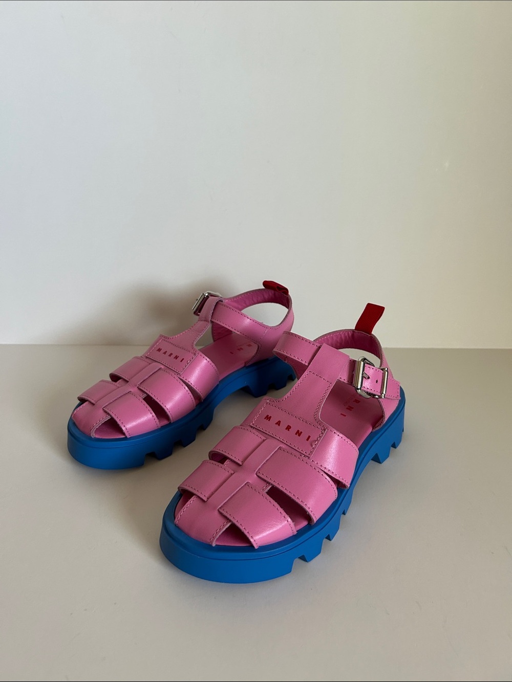 Marni Pink Leather Kids Sandals with Blue Lug Sole